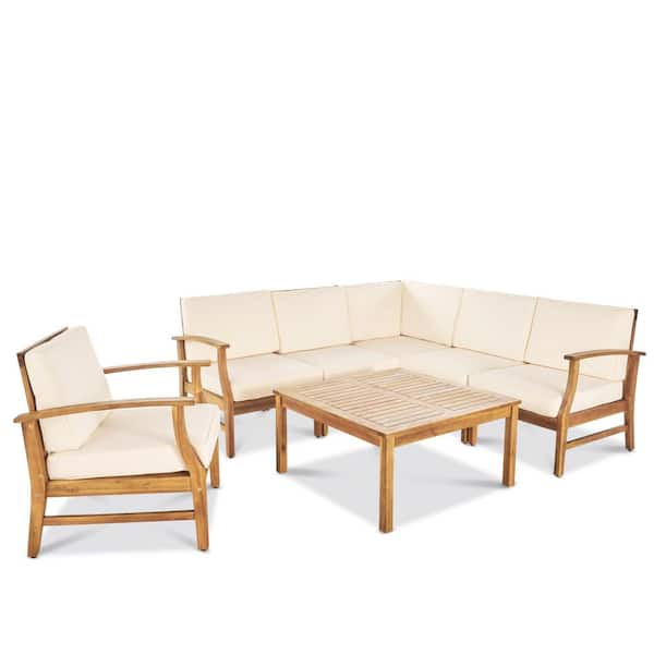 Lilian Teak Finished 7-Piece Wood Outdoor Patio Sectional Set with Cream Cushions