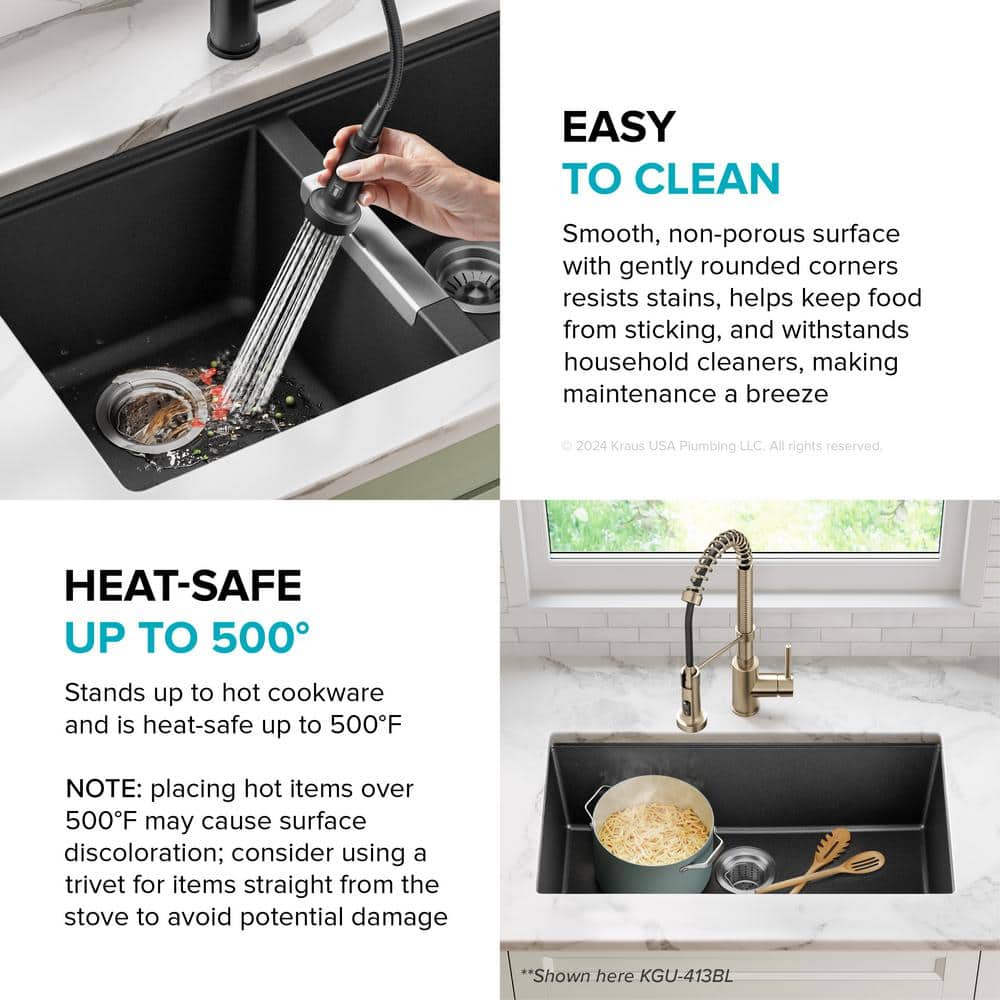 KRAUS 33 inch L Undermount 50/50 Double Bowl Black Onyx Granite Kitchen Sink