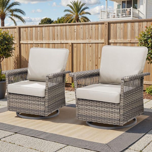 GliderNet Gray Wicker Outdoor Rocking Chair Patio Swivel Gliders with Beige Cushions (2-Pack)
