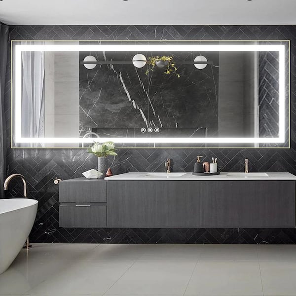 Andrea 72 in. W x 28 in. H Large Rectangular Metal Framed Dimmable Antifog Wall Mount LED Bathroom Vanity Mirror in Gold