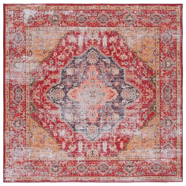 SAFAVIEH Tuscon Rust/Gold 6 ft. x 6 ft. Machine Washable Distressed Floral Square Area Rug