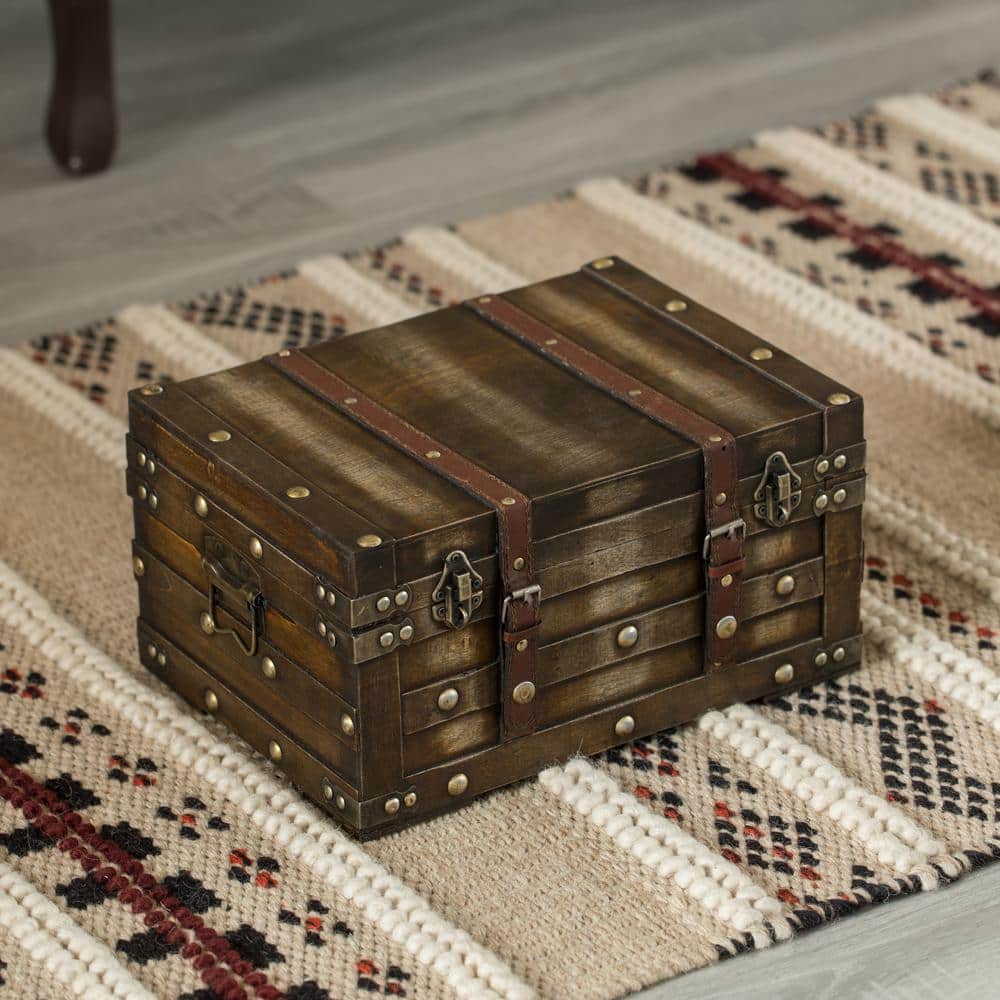 Small Brown Wooden Storage Trunk with Faux Leather Straps
