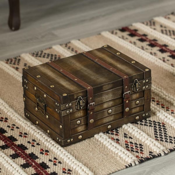 Vintiquewise Wooden Leather Round Top Treasure Chest Decorative Storage Trunk with Lockable Latch