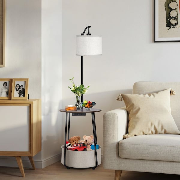 BICIK 62 in. Walnut Modern 1-Light Dimmable Arc Floor Lamp for Living Room with Fabric Drum Shade with USB Port and Storage