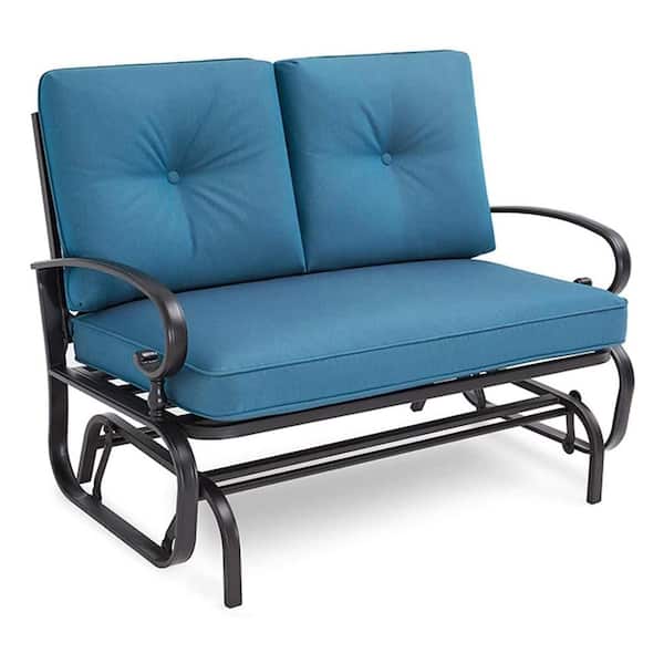 Unbranded 47 in. 2-Person Black Metal Frame Outdoor Glider with Peacock Blue Cushion