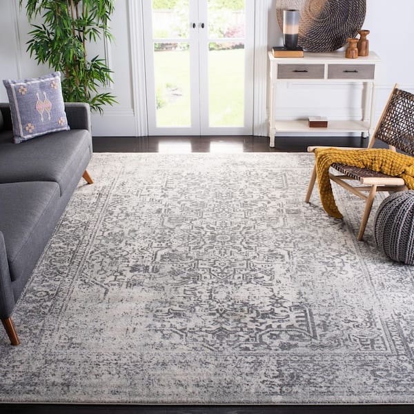 Evoke Ivory/Gray 8 ft. x 8 ft. Distressed Border Medallion Square Area Rug