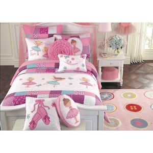 Pink Little Dancer Ballerina Tutu Princess Butterfly Floral Dot Embroidery Patchwork 2-PieceCottonTwin Quilt Bedding Set