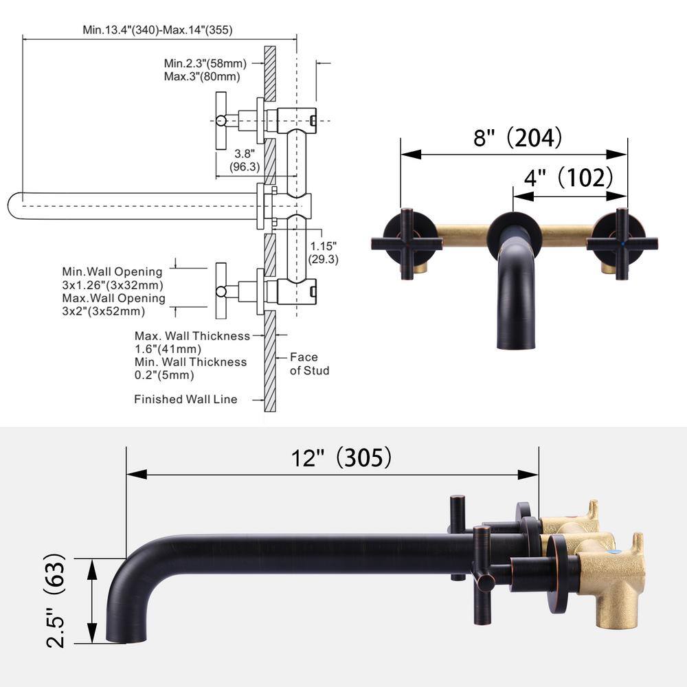 Oil Rubbed Bronze Wall Mount Tub Filler with Cross Handles