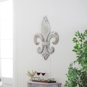 25 in. x  30 in. Metal White Fleur De Lis Wall Decor with Distressing