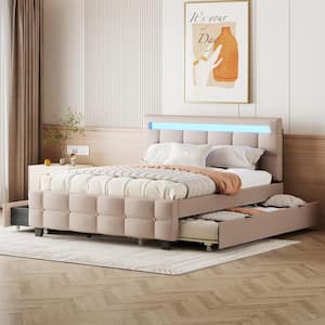 Beige Wood Frame Queen Size Linen Upholstered Platform Bed with LED Lighted Headboard, Twin XL Trundle, 2-Drawers