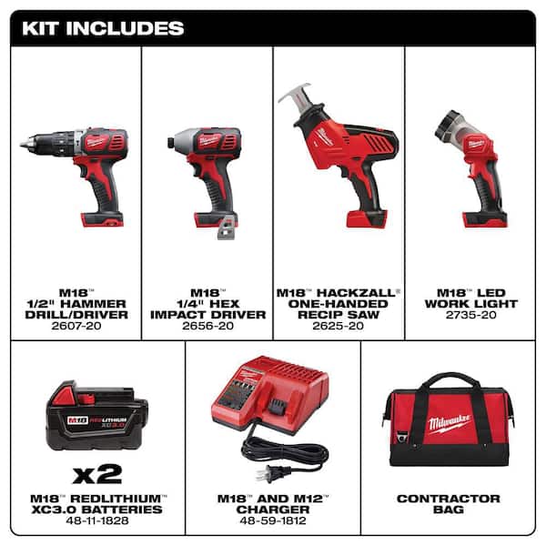M18 18V Lithium-Ion Cordless Combo Tool Kit (4-Tool) w/(2) 3.0Ah Batteries, (1) Charger, (1) Tool Bag