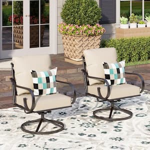 Black Metal Frame Outdoor Patio Swivel Lounge Chairs With Beige Cushions (2-Pack)