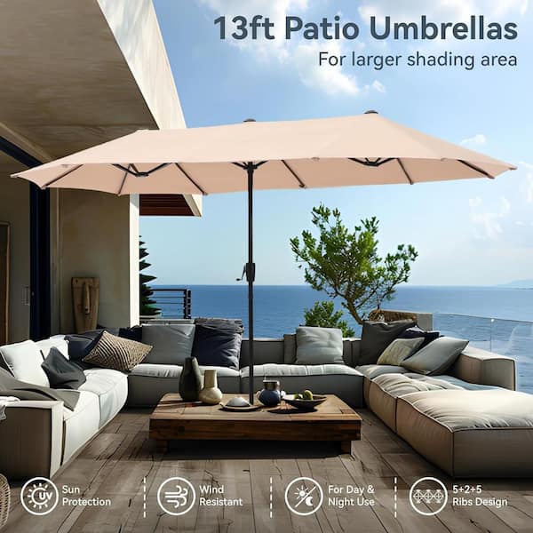 Yangming 13 ft. Steel Dodecagon Market Patio Umbrella in Beige Canopy withDouble Sided Market Twin Umbrellas for Deck Pool