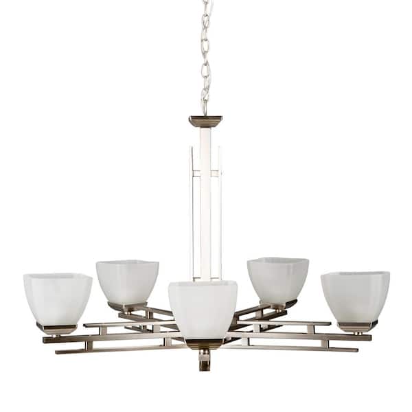 Yosemite Home Decor Half Dome 5-Light Satin Nickel Hanging Chandelier with White Frosted Glass Shade