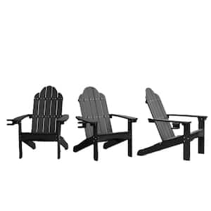 Grant Curveback Black Recycled HDPS Plastic Outdoor Patio Adirondack Chair with Cup Holder Fire Pit Chair Set of 3
