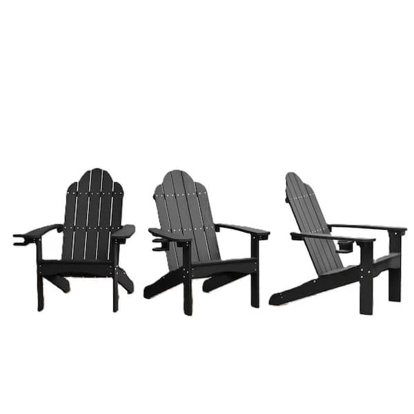 LUE BONA Grant Curveback Black Recycled HDPS Plastic Outdoor Patio Adirondack Chair with Cup Holder Fire Pit Chair Set of 3