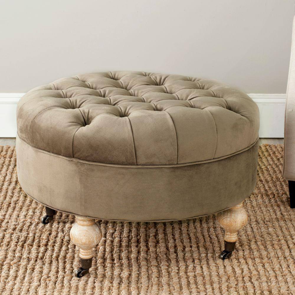 Clara Gray Tufted Round Cotton Velvet Ottoman