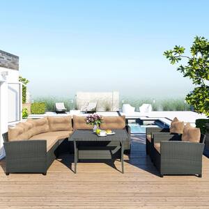 Rounded Corners 6-Piece Wicker Outdoor Dinning Sectional Sofa Set with Beige Cushions