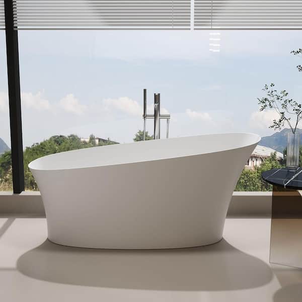 59 in. x 29.5 in. Single Slipper Freestanding Solid Surface Soaking Bathtub in Matte White with Center Drain