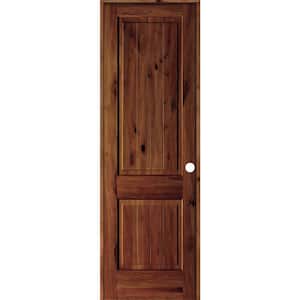 30 in. x 96 in. Knotty Alder 2 Panel Left-Hand Square Top V-Groove Red Chestnut Stain Wood Single Prehung Interior Door