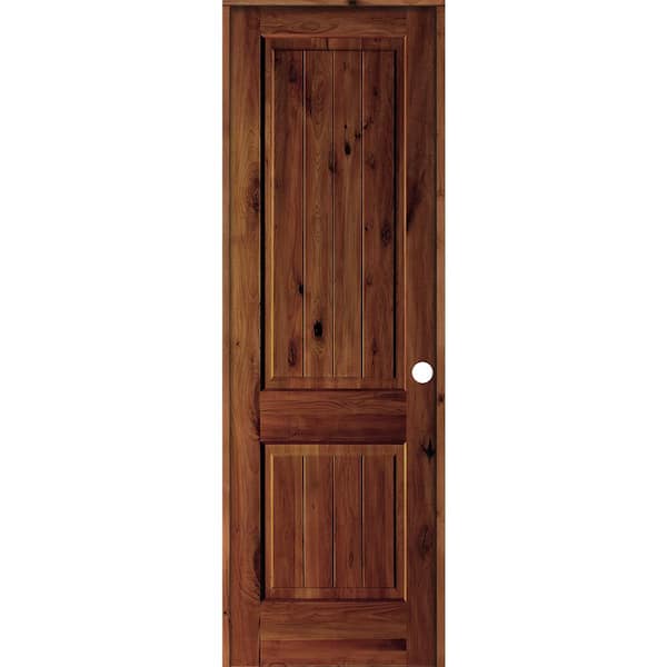 Krosswood Doors 30 in. x 96 in. Knotty Alder 2 Panel Left-Hand Square Top V-Groove Red Chestnut Stain Wood Single Prehung Interior Door