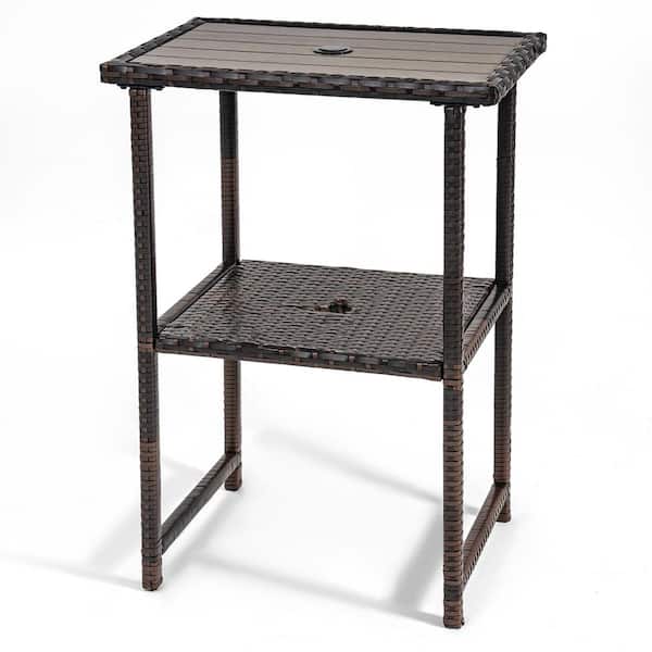 AURA OUTDOOR 36 in. Height Wicker Bar Counter, Patio High Top Rattan Bistro Dinning Table with Umbrella Hole and Storage, Brown