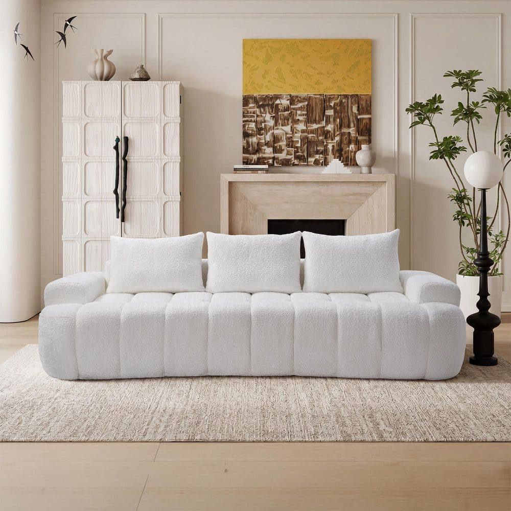 Noble House Ann Oversized 100 in. Square Arms Boucle Fabric Upholstered Curved Cloud Compressed Sofa in White Channel Tufted Couch