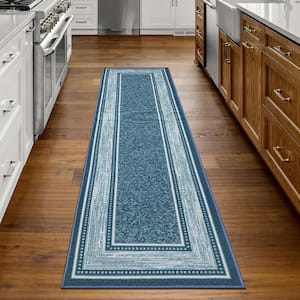 Ottohome Collection Non-Slip Rubberback Bordered Design 2x7 Indoor Runner Rug, 1 ft. 10 in. x 7 ft., Teal Blue