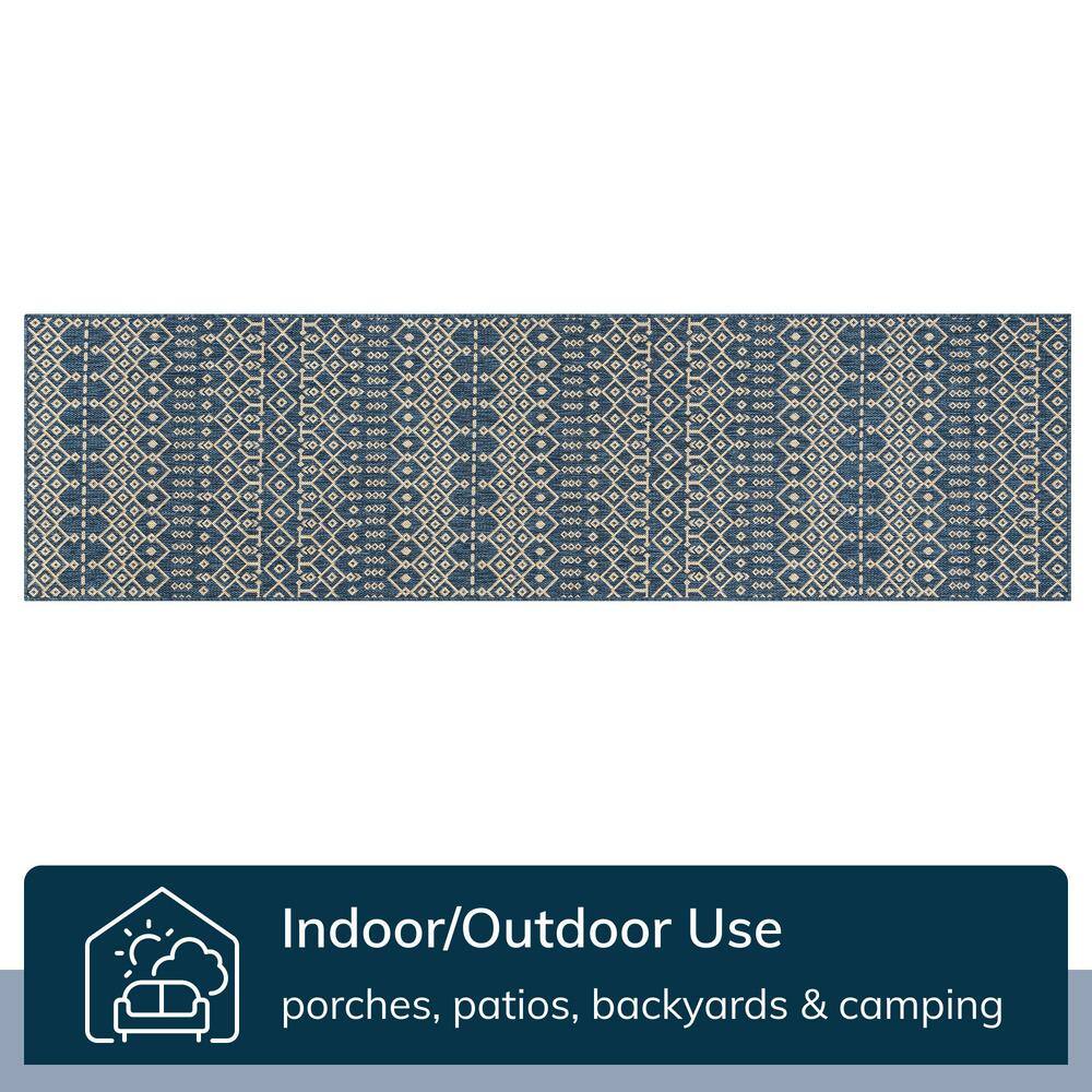 Nordic Blue and Beige Synthetic Flat-Weave Runner Rug