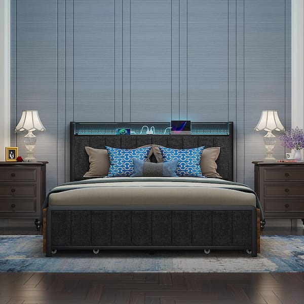 Rustic Bed Brown Metal Frame Queen Platform Bed with Upholstered Headboard, USB Port and 4-Rolling Storage Drawers