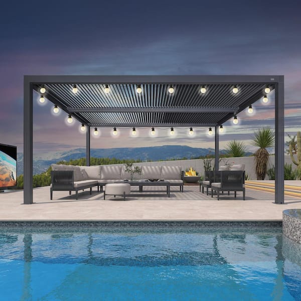 PURPLE LEAF 12 ft. x 16 ft. Gray Aluminum Frame Outdoor Louvered Pergola with Adjustable Sunshade Roof and Solar String Lights
