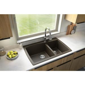 Drop-In Quartz Composite 34 in. 1-Hole 60/40 Double Bowl Kitchen Sink in Brown