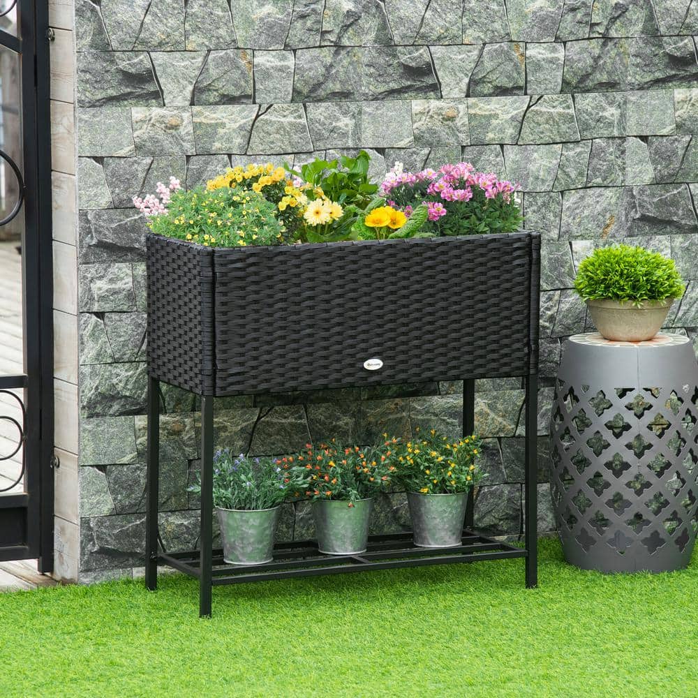 Black Rectangular Rattan Wicker Elevated Garden Bed with Tool Shelf