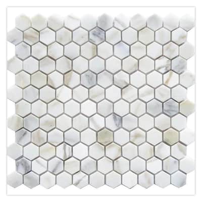 Serena 11 in. x 12 in. Polished White Gray Marble Mosaic Hexagon Wall and Floor Tile (4.55 sq ft/case)-5 Pack