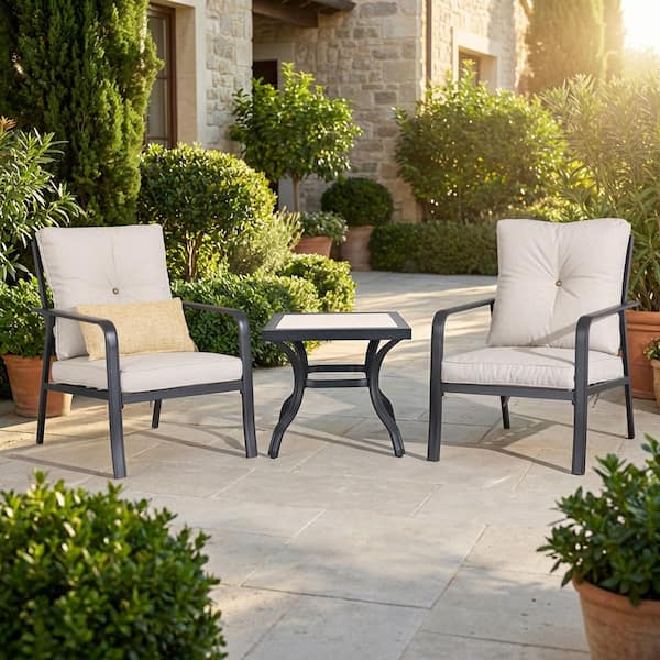 Patio Festival 3-Piece Outdoor Metal Bistro Set with Gray Cushions ...