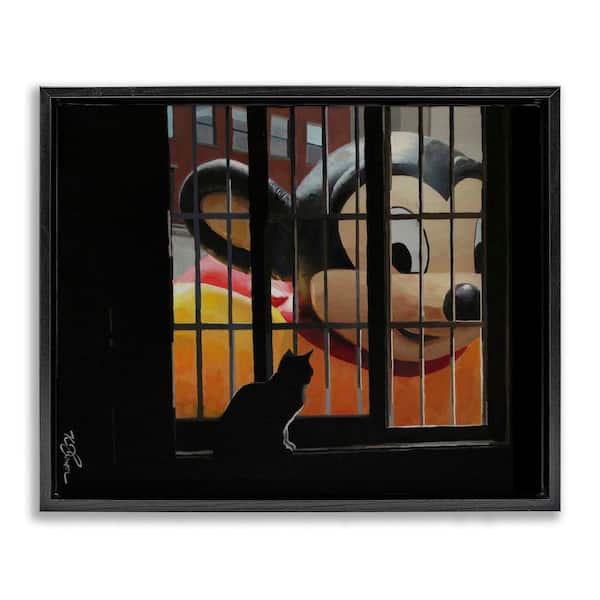Stupell Industries Mouse Character Peering at Cat by Keith Thomson Black Floater Frame Animal Graphic Art Print 17 in. x 21 in.