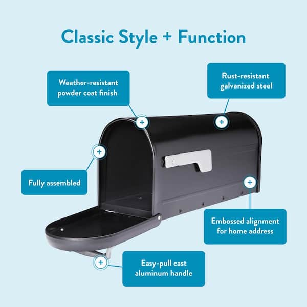 Chadwick Black, Medium, Steel, Post Mount Mailbox with Nickel Handle and Flag