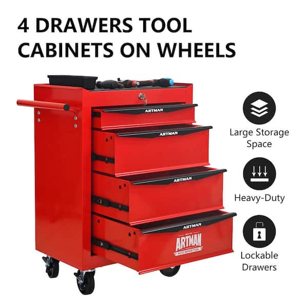 13 in. W 4-Drawer Rolling Metal Black and Red Tool Carts with Ball Bearing Drawer Slides and Steel Tool Storage Box