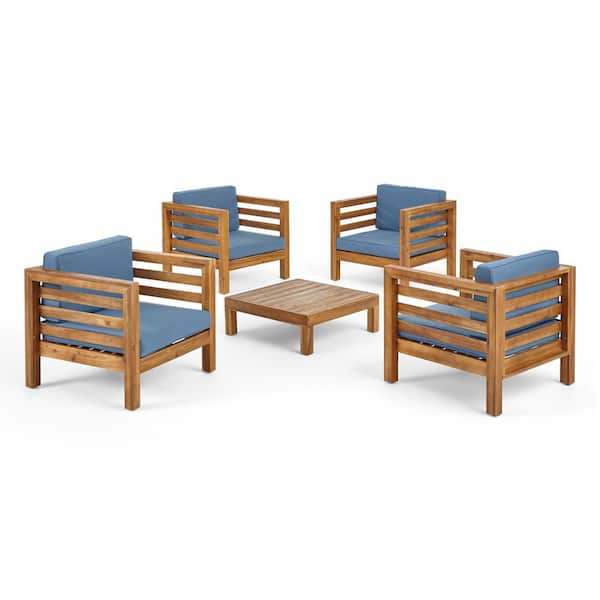 Noble House Oana Teak Brown 5-Piece Wood Outdoor Patio Conversation Set with Blue Cushions