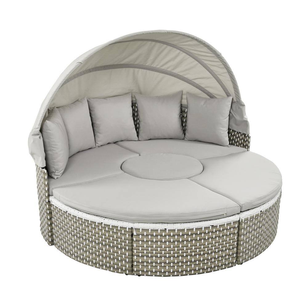 Gray Metal Frame Outdoor Round Sectional Sofa Set with Cushions, Sunbed, Adjustable Table, Retractable Canopy, PE Rattan price history on PriceWatchPro