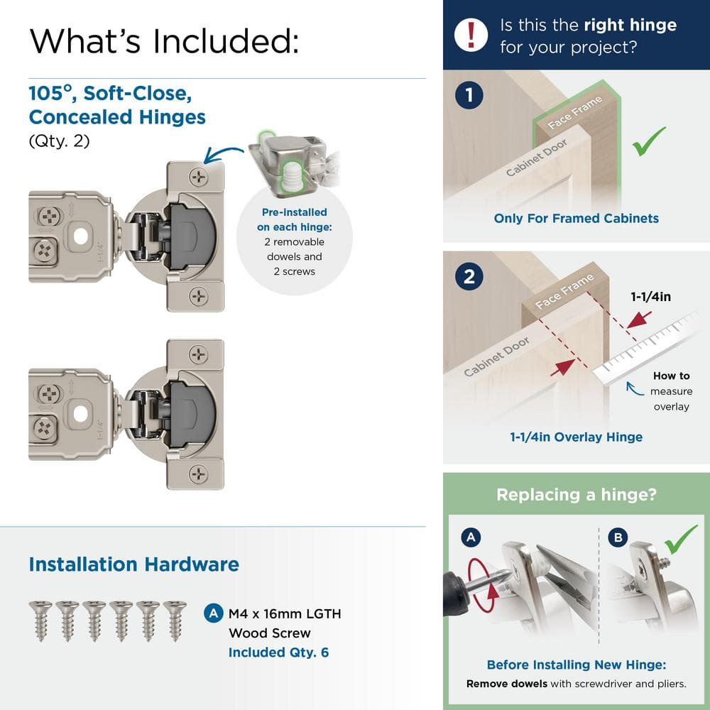 Nickel Soft Close 1-1/4 Inch Overlay Concealed Cabinet Hinge