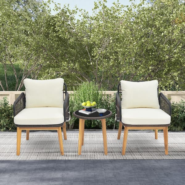 ANGELES HOME 3-Piece Wicker Acacia Wood Patio Conversation Set with Off White Cushioned Chairs and Tempered Glass Side Table