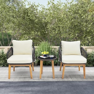 3-Piece Wicker Acacia Wood Patio Conversation Set with Off White Cushioned Chairs and Tempered Glass Side Table