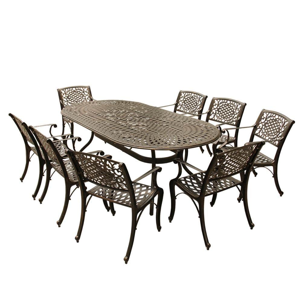 Contemporary Modern 9-Piece Bronze Aluminum Oval Outdoor Dining Set with 8-