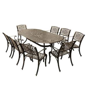 Contemporary Modern 9-Piece Bronze Aluminum Oval Outdoor Dining Set with 8-Arm Chairs