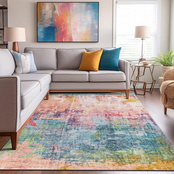 Contemporary Distressed Abstract Washable Non Slip Multi 5 ft. x 7 ft. Area Rug