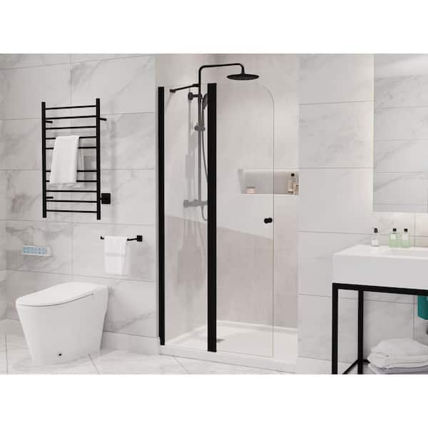 Romance Series 33.3 in. x 72 in. H Hinged Frameless Shower Door in Matte Black with Tsunami Guard Tempered Glass
