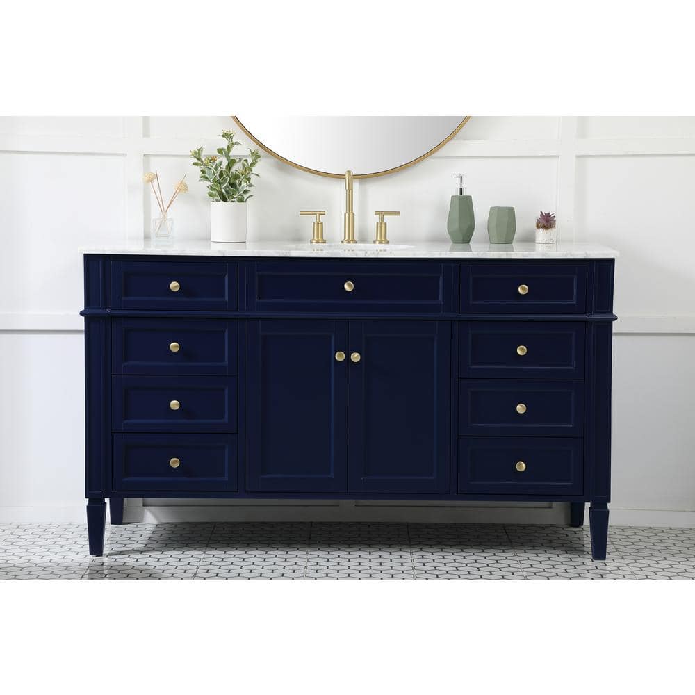Blue Solid Wood MDF Marble Single Bathroom Vanity with Brushed Gold Hardware
