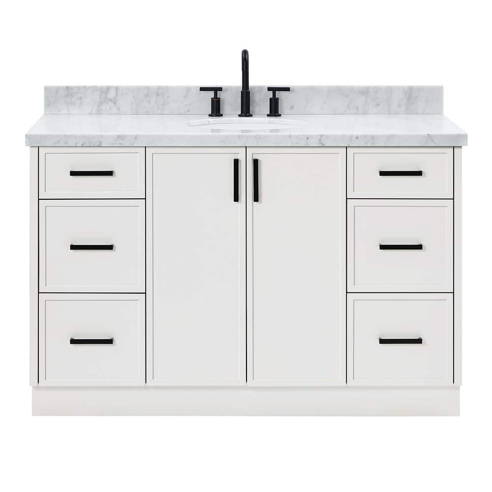 Kelly 55" White Solid Wood Single Sink Vanity with Carrara Marble Top