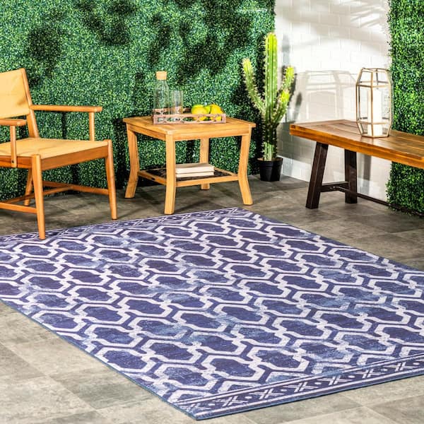 Fae Machine Washable Blue 8 ft. Geometric Indoor/Outdoor Square Rug
